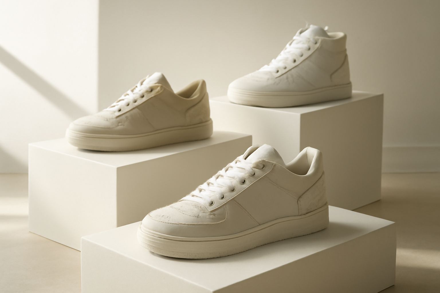 sneakers design exposées sur présentoir minimaliste