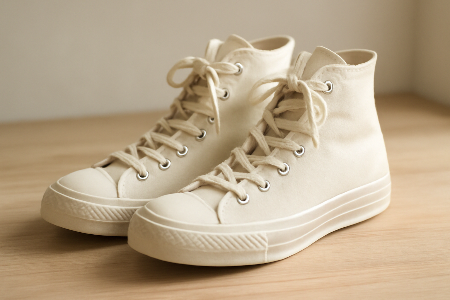 sneakers montantes en toile posées sur surface bois