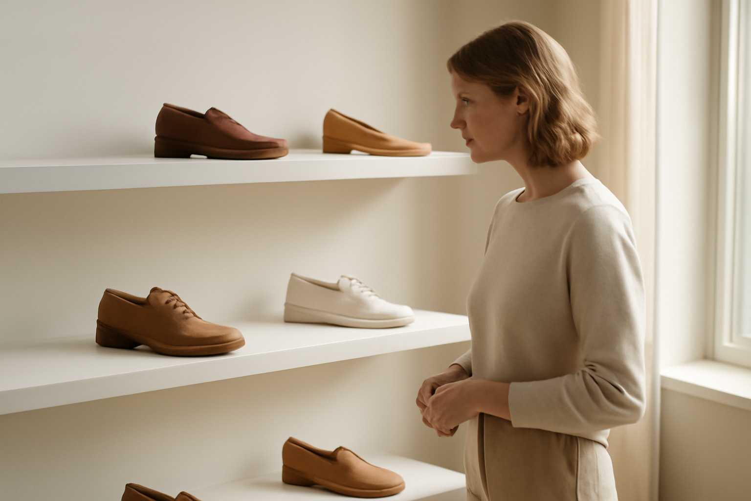 annie-chausseur-choisir-chaussures-boutique-collection-mode client regardant chaussures sur présentoir