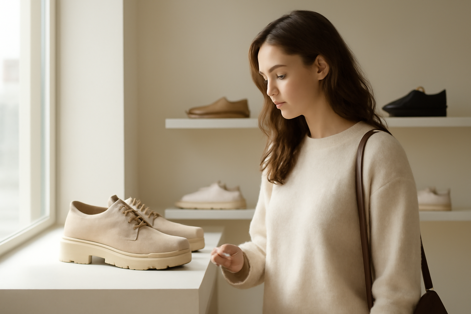 client observant chaussures modernes en boutique