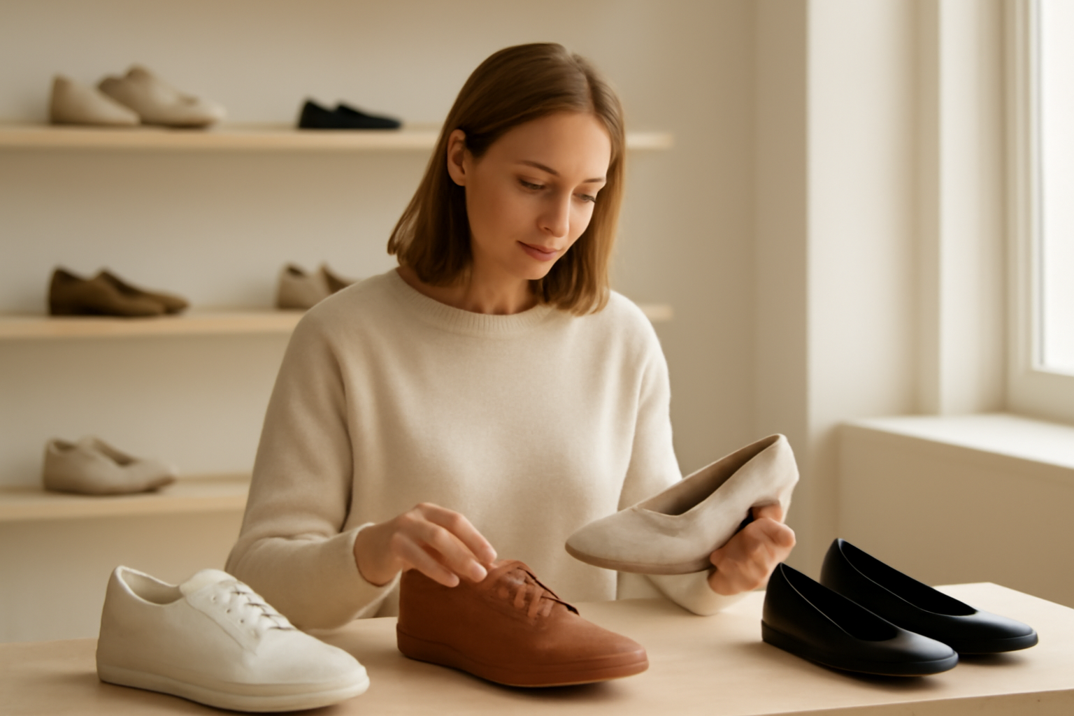 annie-chausseur-choisir-chaussures-boutique-mode-ville client comparant plusieurs chaussures en boutique