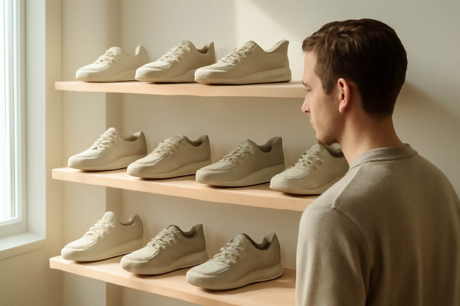 annie-chausseur-choisir-chaussures-boutique-sneakers-ville client regardant sneakers alignées sur étagère