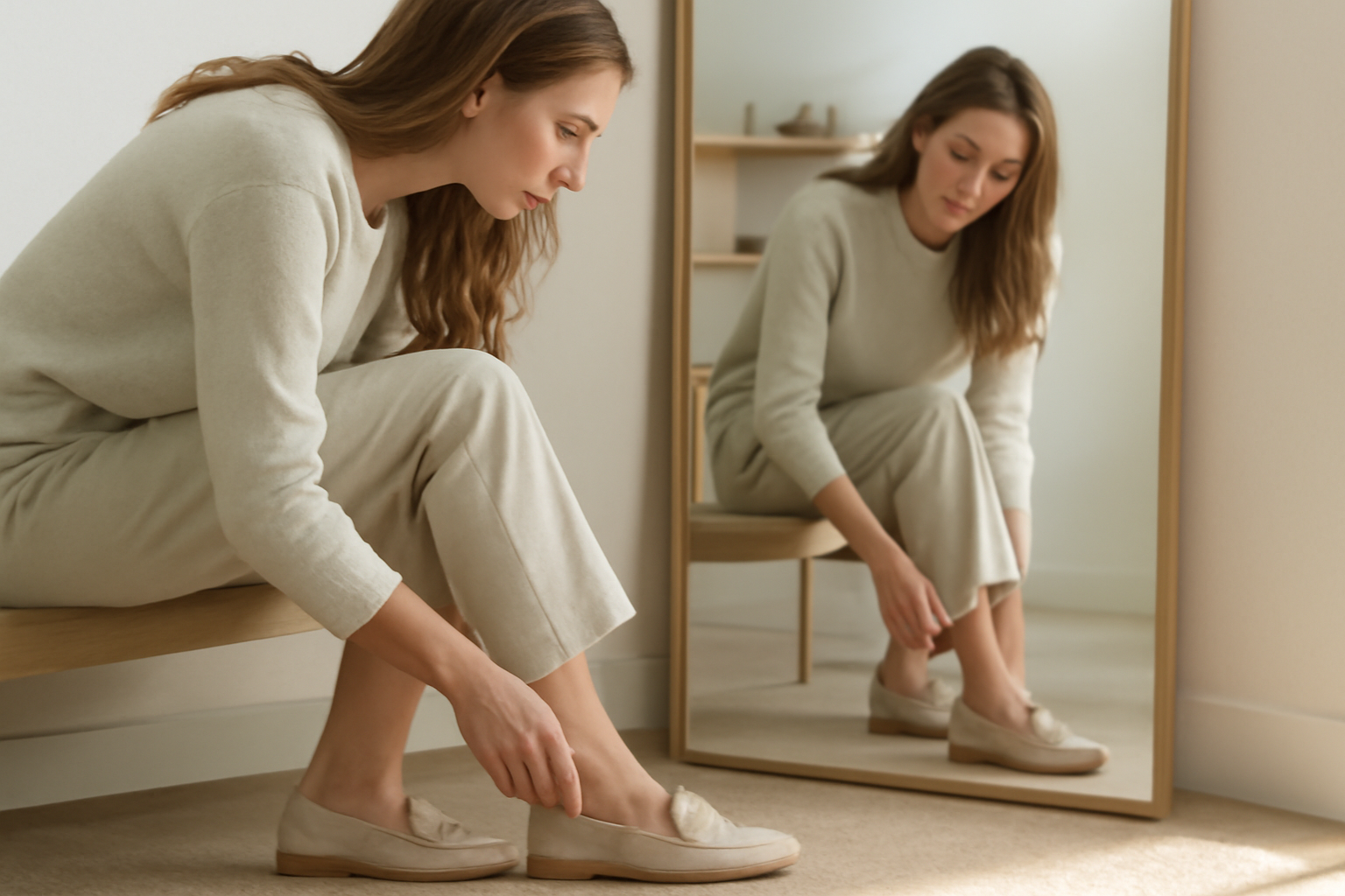 annie-chausseur-choisir-chaussures-boutique-specialisee client essayant chaussures devant miroir
