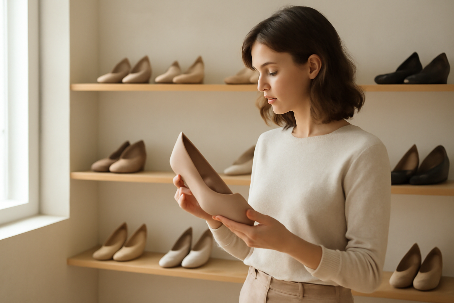 annie-chausseur-choisir-chaussures-magasin-mode-centre-ville client comparant chaussures en boutique