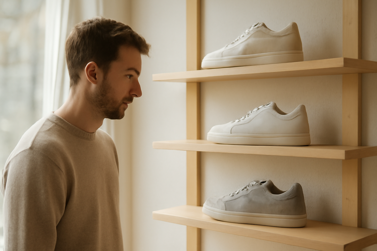 annie-chausseur-choisir-chaussures-magasin-sneakers client regardant sneakers sur étagère