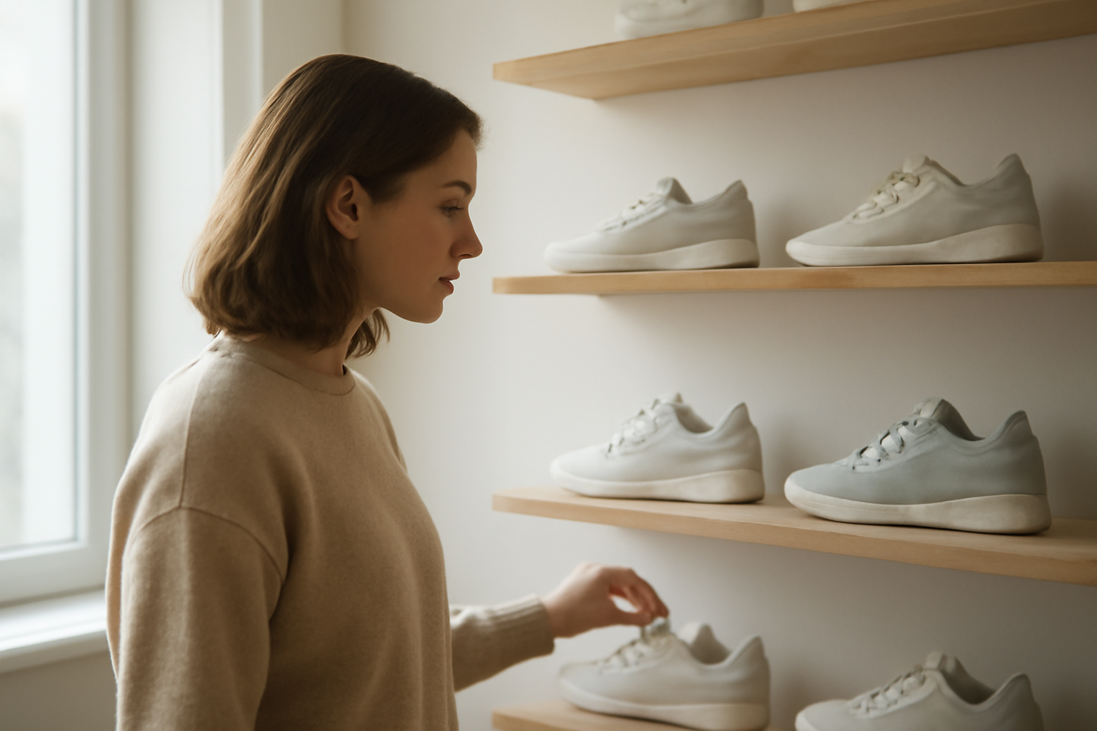 annie-chausseur-choisir-sneakers-boutique-specialisee client regardant sneakers sur étagère