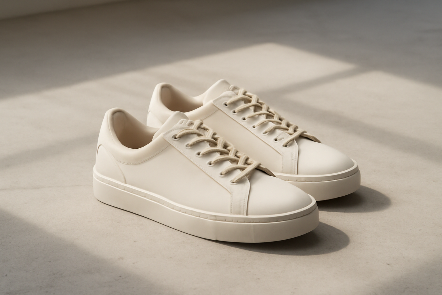 sneakers minimalistes posées sur sol béton