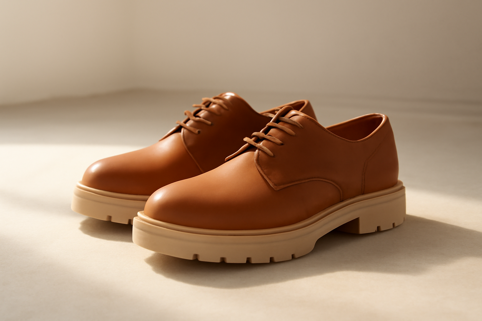 chaussures en cuir avec semelle épaisse posées sur sol