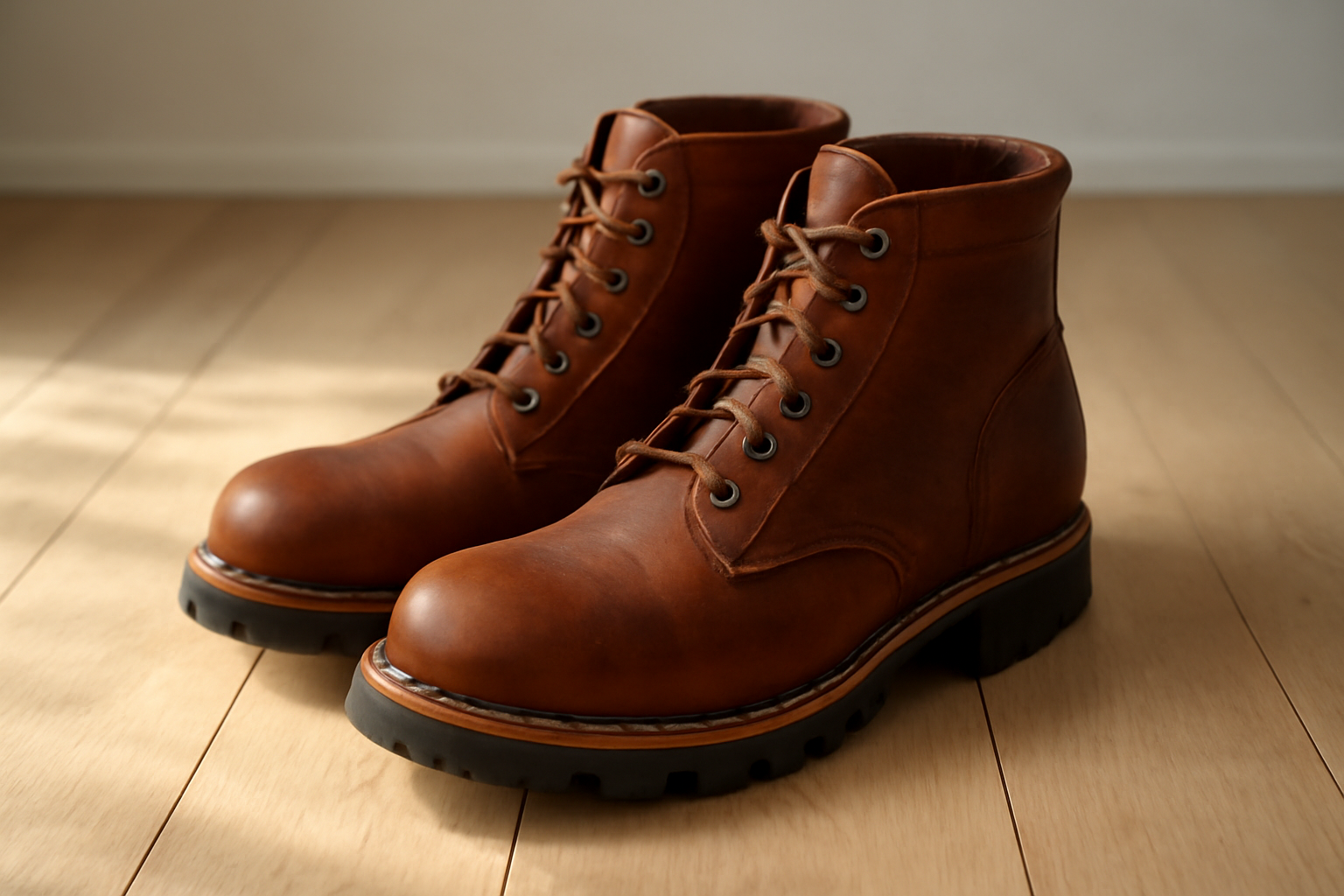 annie-chausseur-dunham-chaussures-explication chaussures robustes en cuir posées sur sol bois