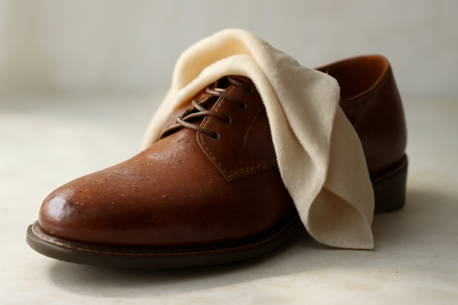 annie-chausseur-enlever-traces-pluie-chaussures-cuir chiffon appliqué sur chaussure en cuir humide