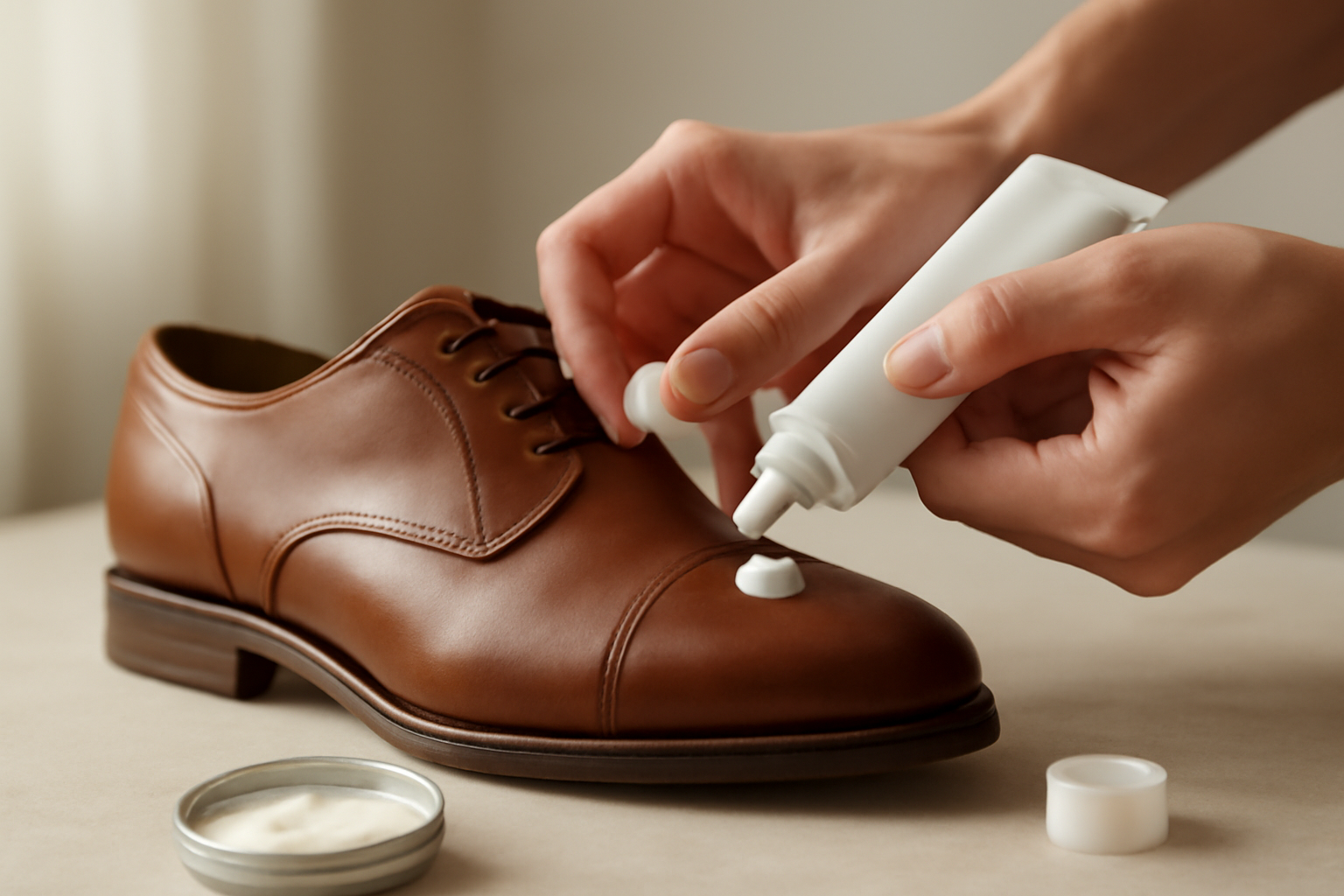 annie-chausseur-entretenir-chaussures-cuir-apres-marche application de crème sur chaussure en cuir