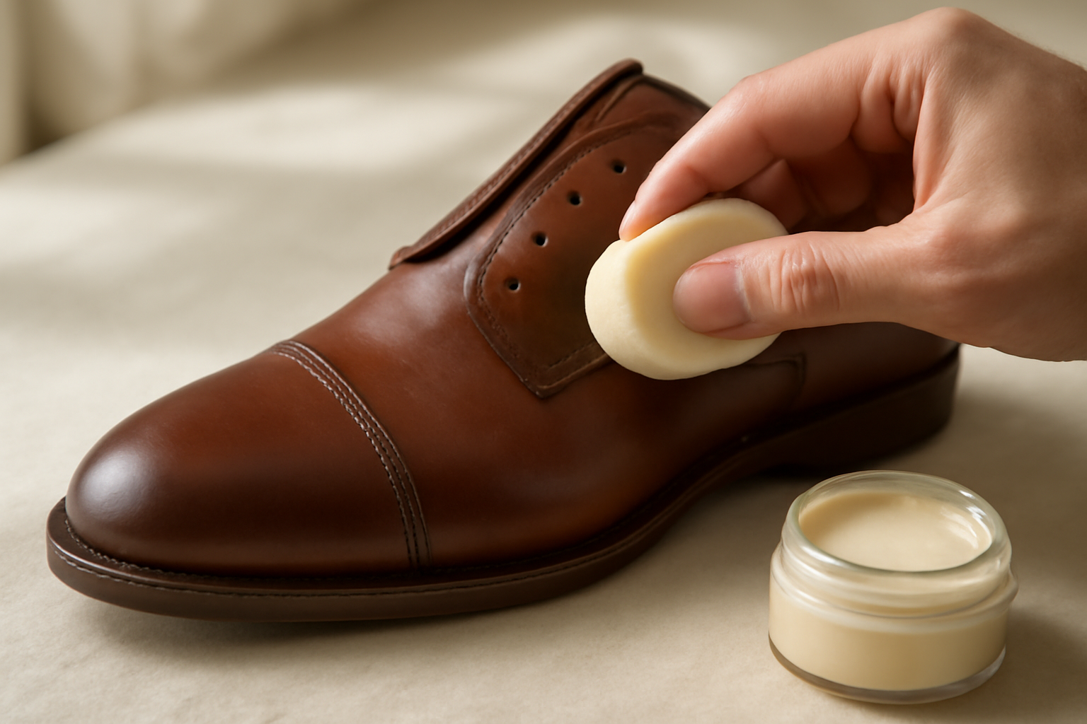application de crème sur chaussure en cuir
