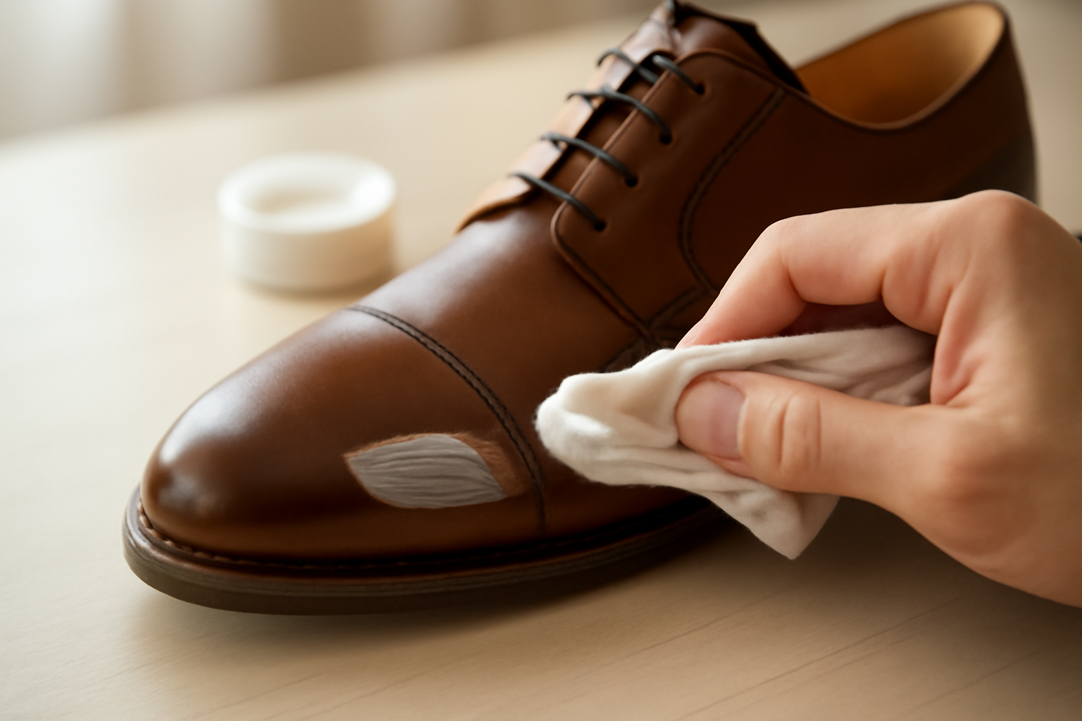 application de crème sur chaussure en cuir