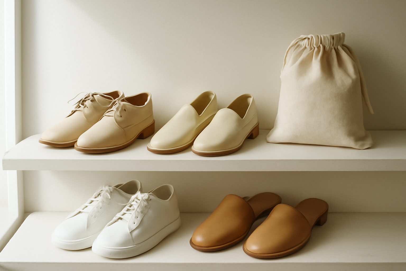 chaussures rangées sur étagère avec sachet naturel
