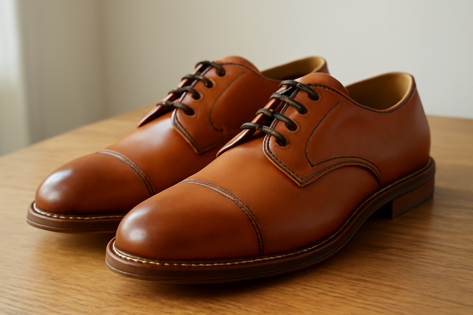 chaussures en cuir cousues main posées sur table bois