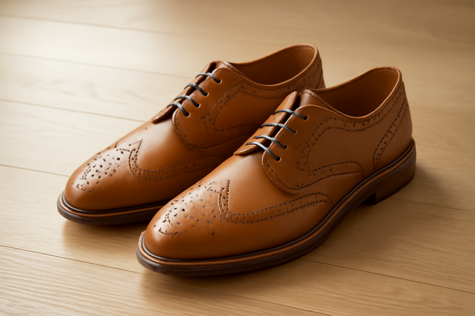 chaussures en cuir avec perforations décoratives posées sur sol bois