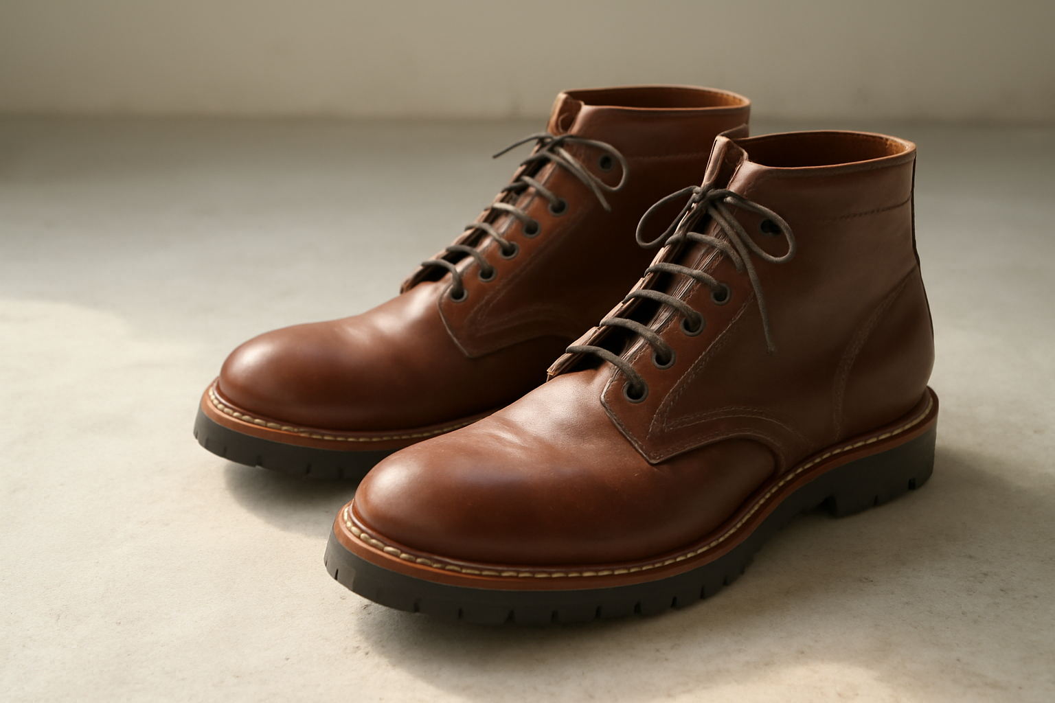 chaussures robustes en cuir posées sur sol béton
