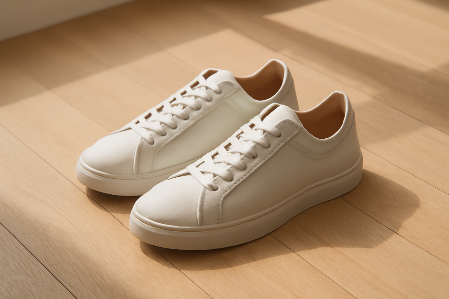 annie-chausseur-meermin-sneakers-explication sneakers en cuir posées sur sol bois