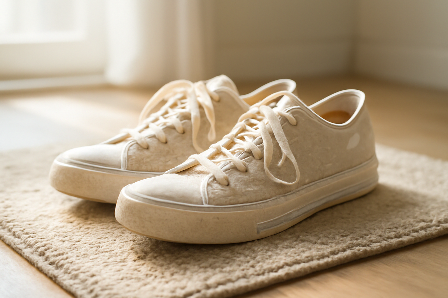 annie-chausseur-nettoyer-chaussures-apres-pluie-ville chaussures mouillées séchant sur tapis intérieur