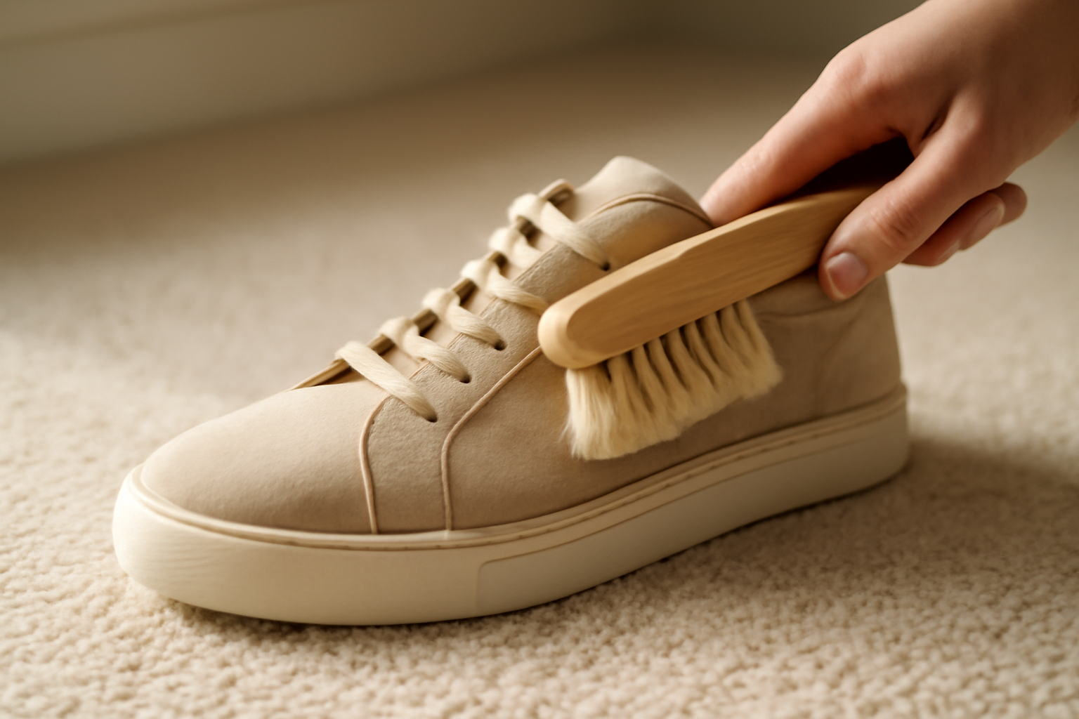 annie-chausseur-nettoyer-chaussures-apres-promenade brosse nettoyant une chaussure sur tapis intérieur