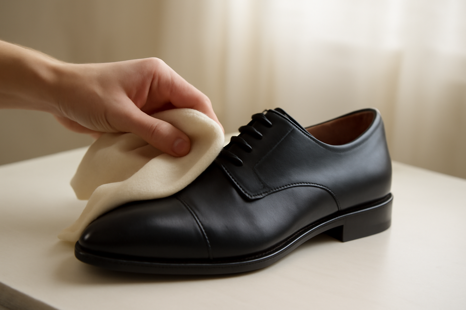 annie-chausseur-nettoyer-chaussures-cuir-apres-marche chiffon appliquant produit sur chaussure en cuir