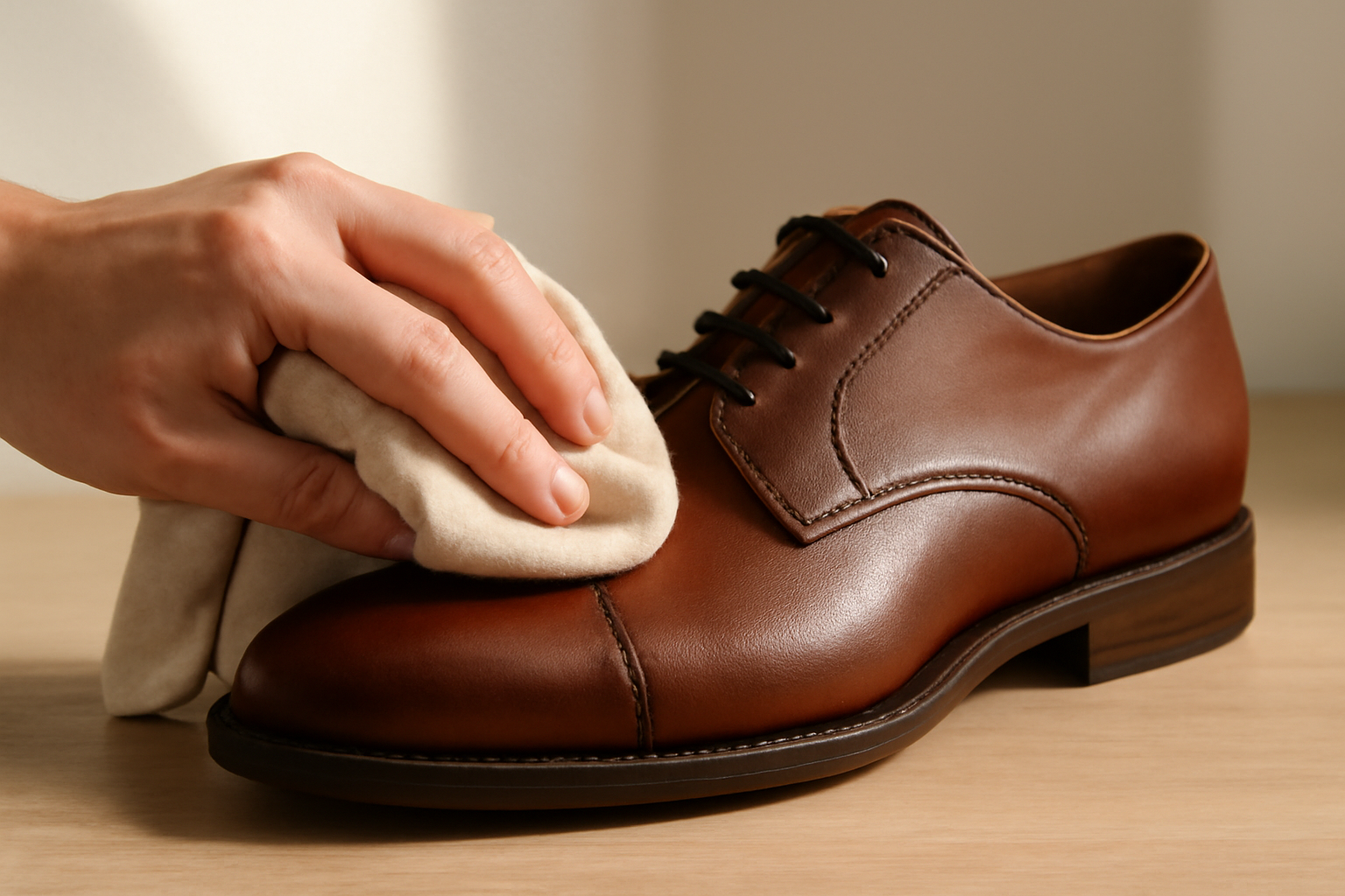 annie-chausseur-nettoyer-chaussures-cuir-poussiere chiffon retirant poussière sur chaussure en cuir