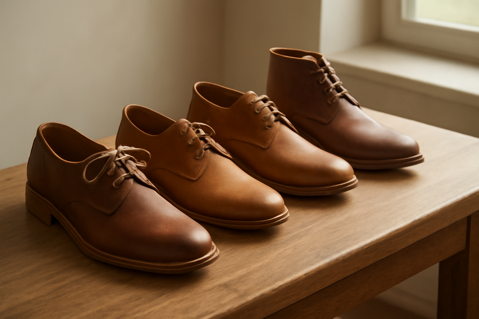 annie-chausseur-nouvelles-marques-chaussures-artisanat-europe chaussures artisanales exposées sur table bois
