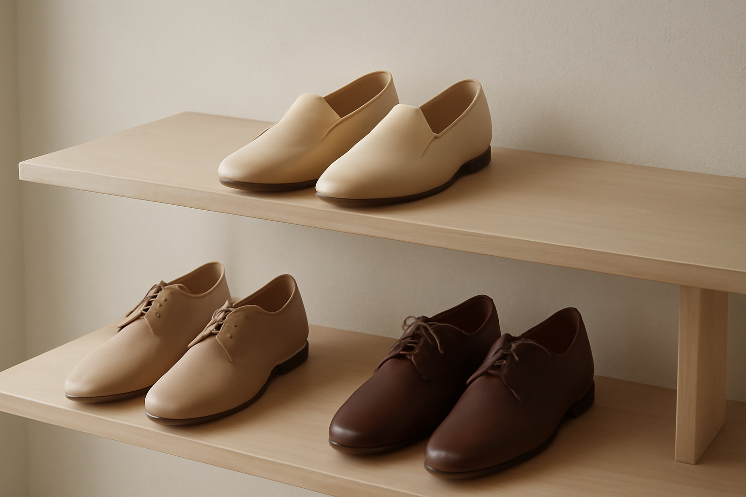 annie-chausseur-nouvelles-marques-chaussures-minimalistes chaussures sobres exposées sur étagère minimaliste