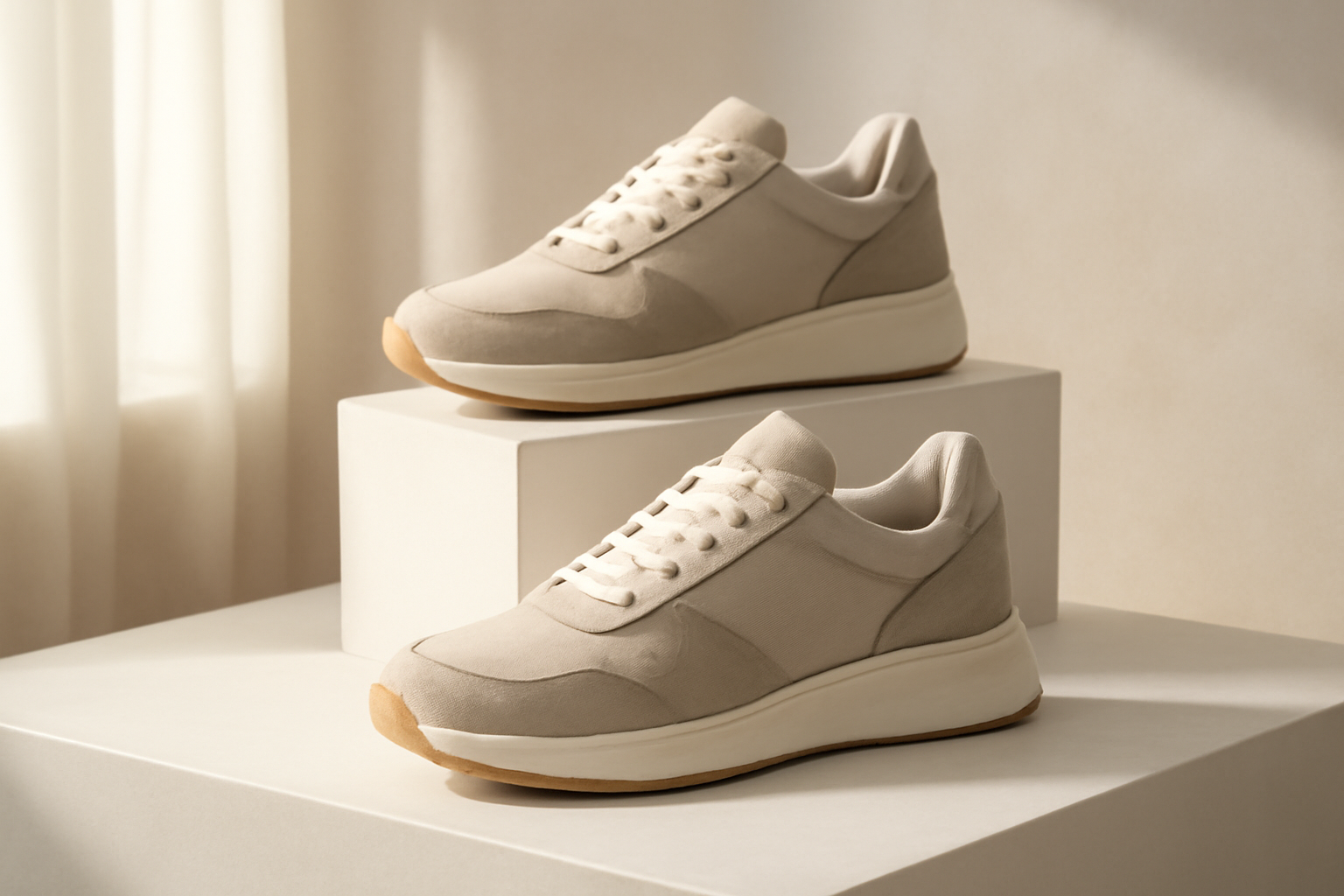 sneakers modernes exposées sur présentoir minimaliste