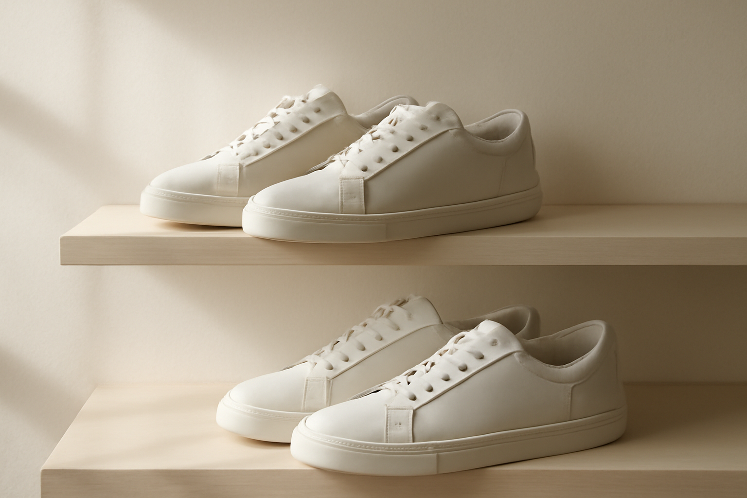 annie-chausseur-nouvelles-marques-sneakers-scandinaves sneakers minimalistes exposées sur étagère
