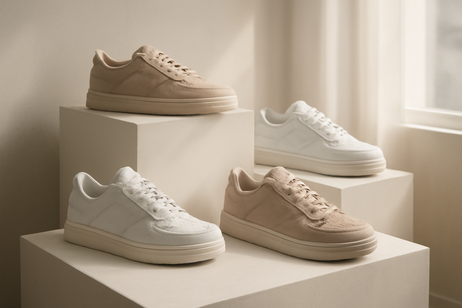sneakers design exposées sur présentoir