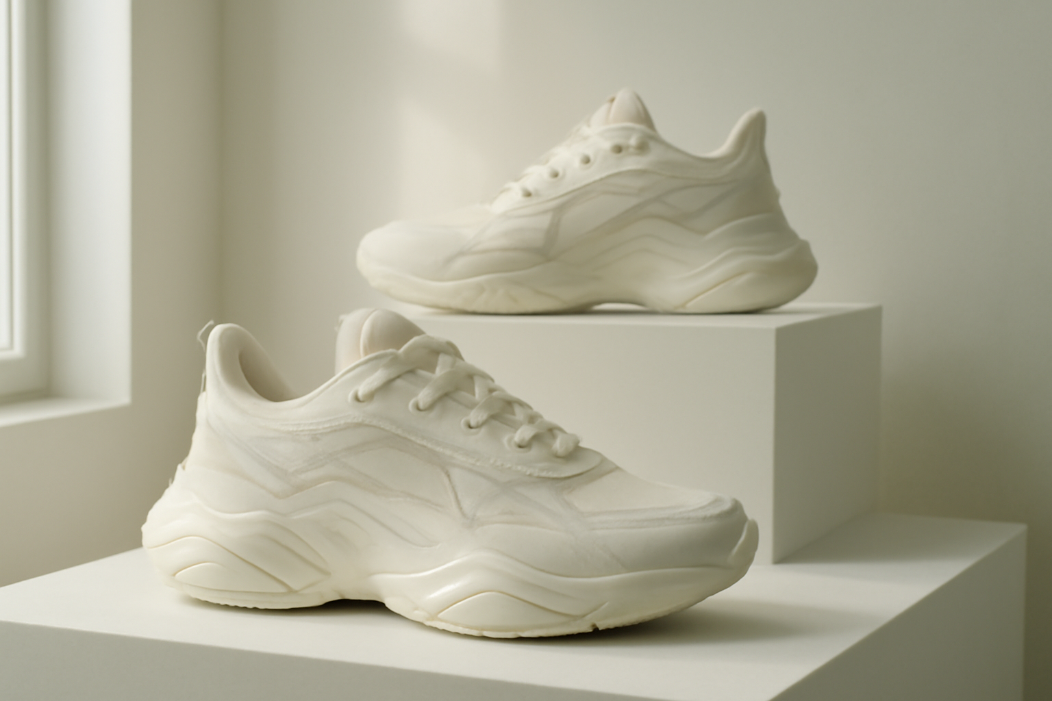 annie-chausseur-nouvelles-sneakers-design-experimental sneakers futuristes exposées sur présentoir