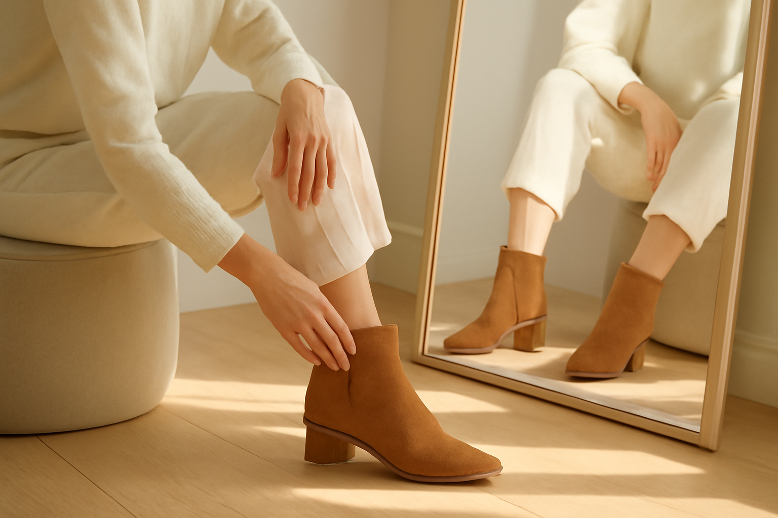 annie-chausseur-ou-acheter-bottines-homme-bordeaux client essayant bottines devant miroir