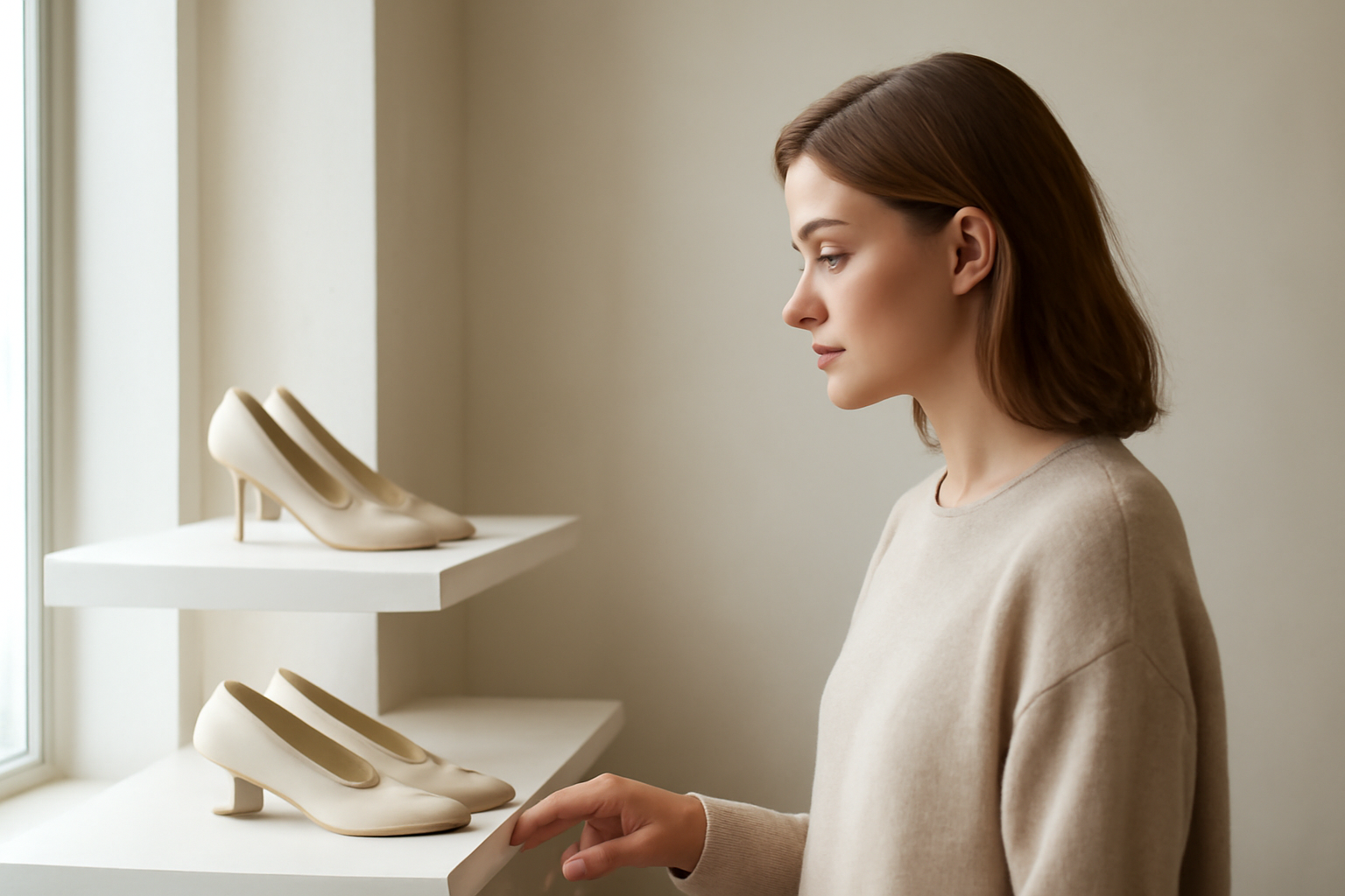 annie-chausseur-ou-acheter-chaussures-createur-paris client observant chaussures design en boutique