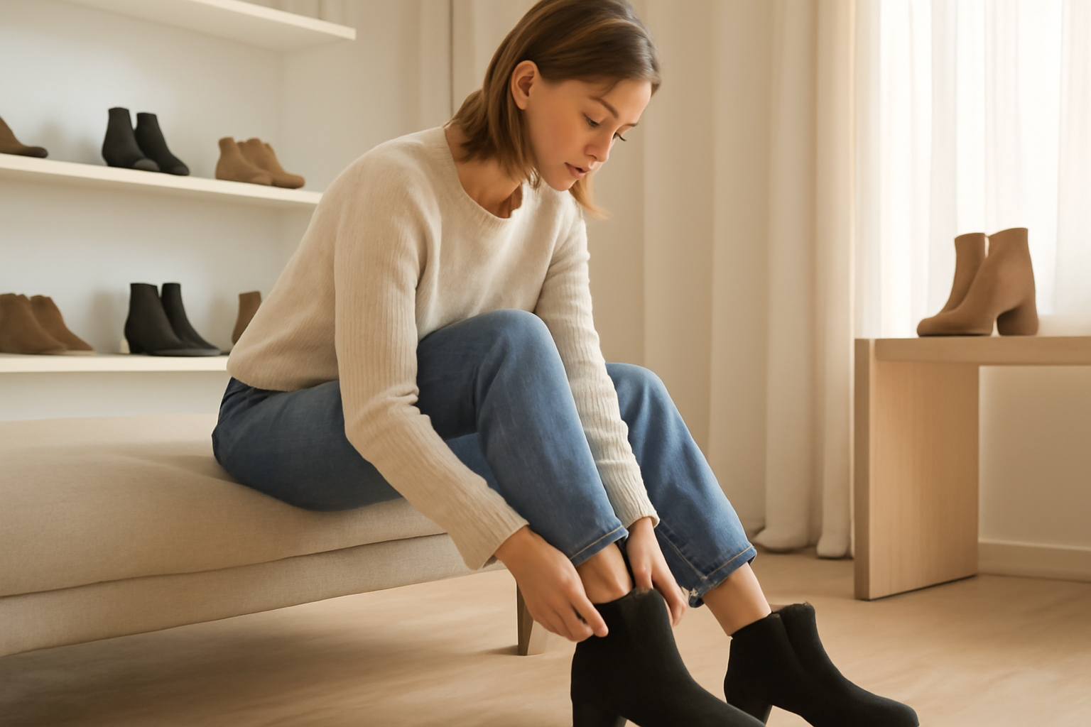 annie-chausseur-ou-trouver-bottines-homme-rennes client essayant bottines en boutique
