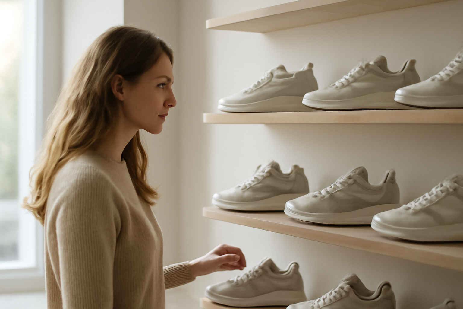 client observant sneakers sur étagère