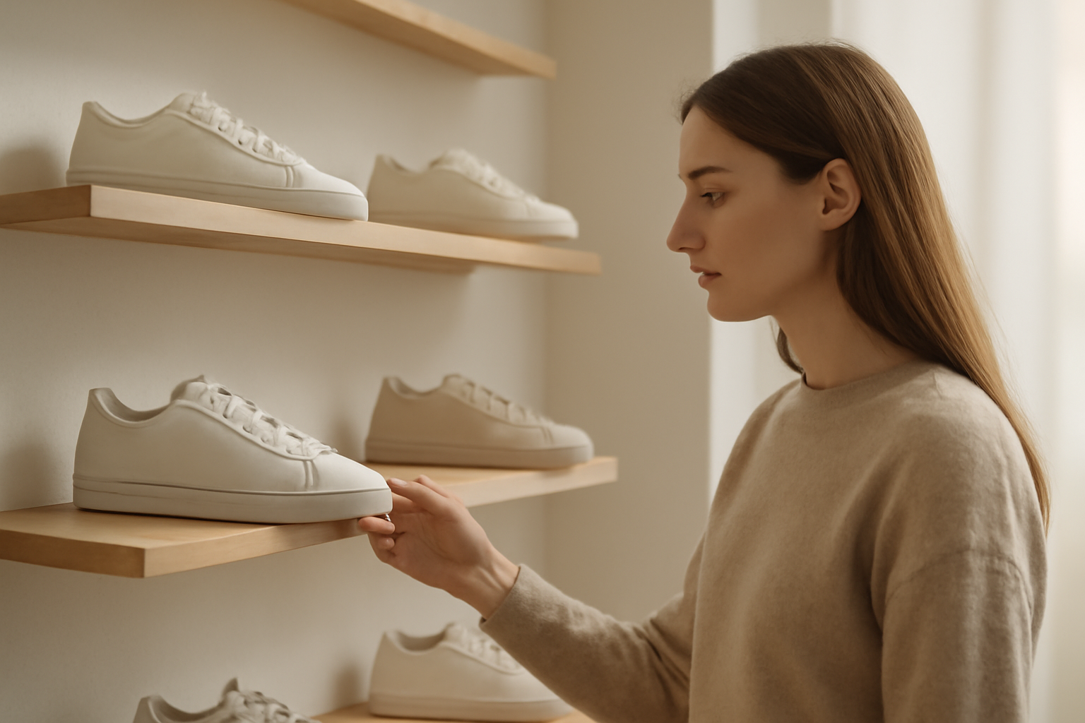 annie-chausseur-ou-trouver-sneakers-nantes client regardant sneakers sur étagère en boutique