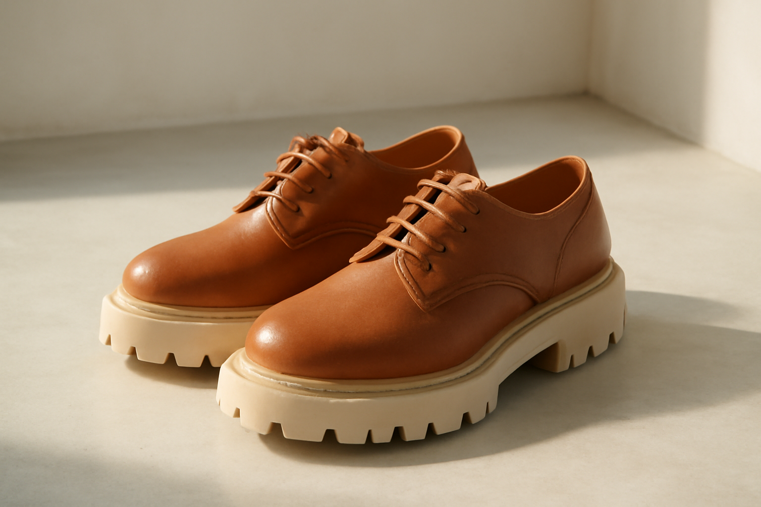 annie-chausseur-padmore-barnes-p404-explication chaussures en cuir avec semelle épaisse posées au sol