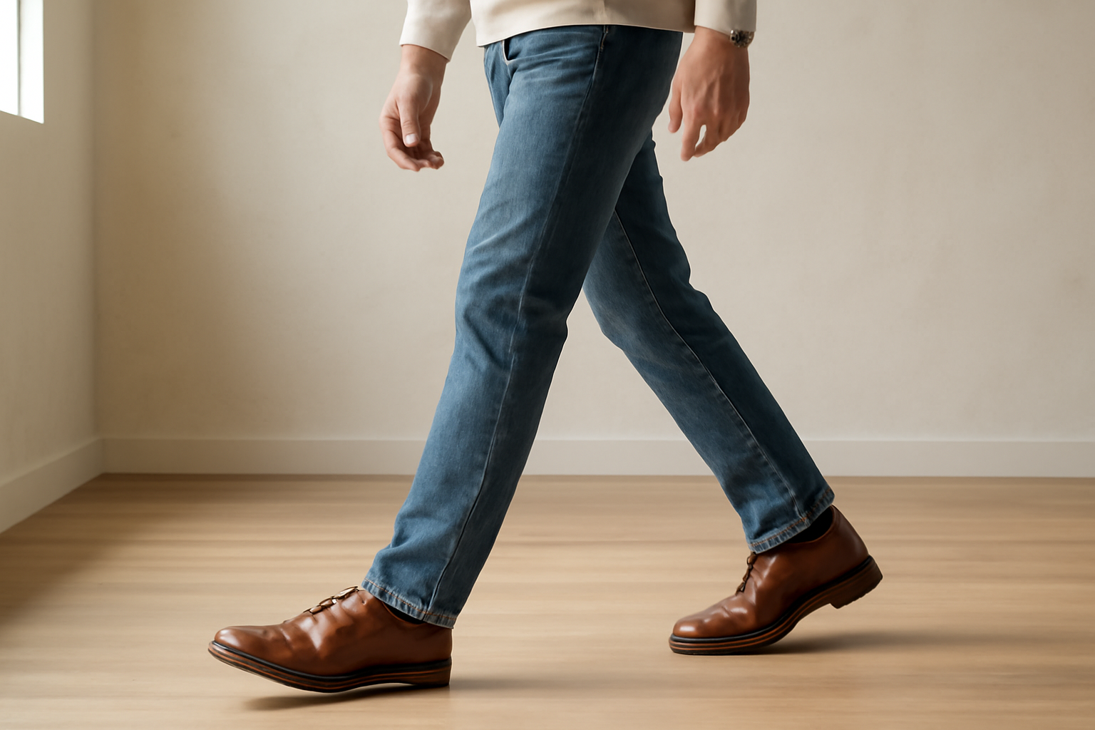 annie-chausseur-porter-chaussures-cuir-look-casual homme marchant avec chaussures en cuir et jean