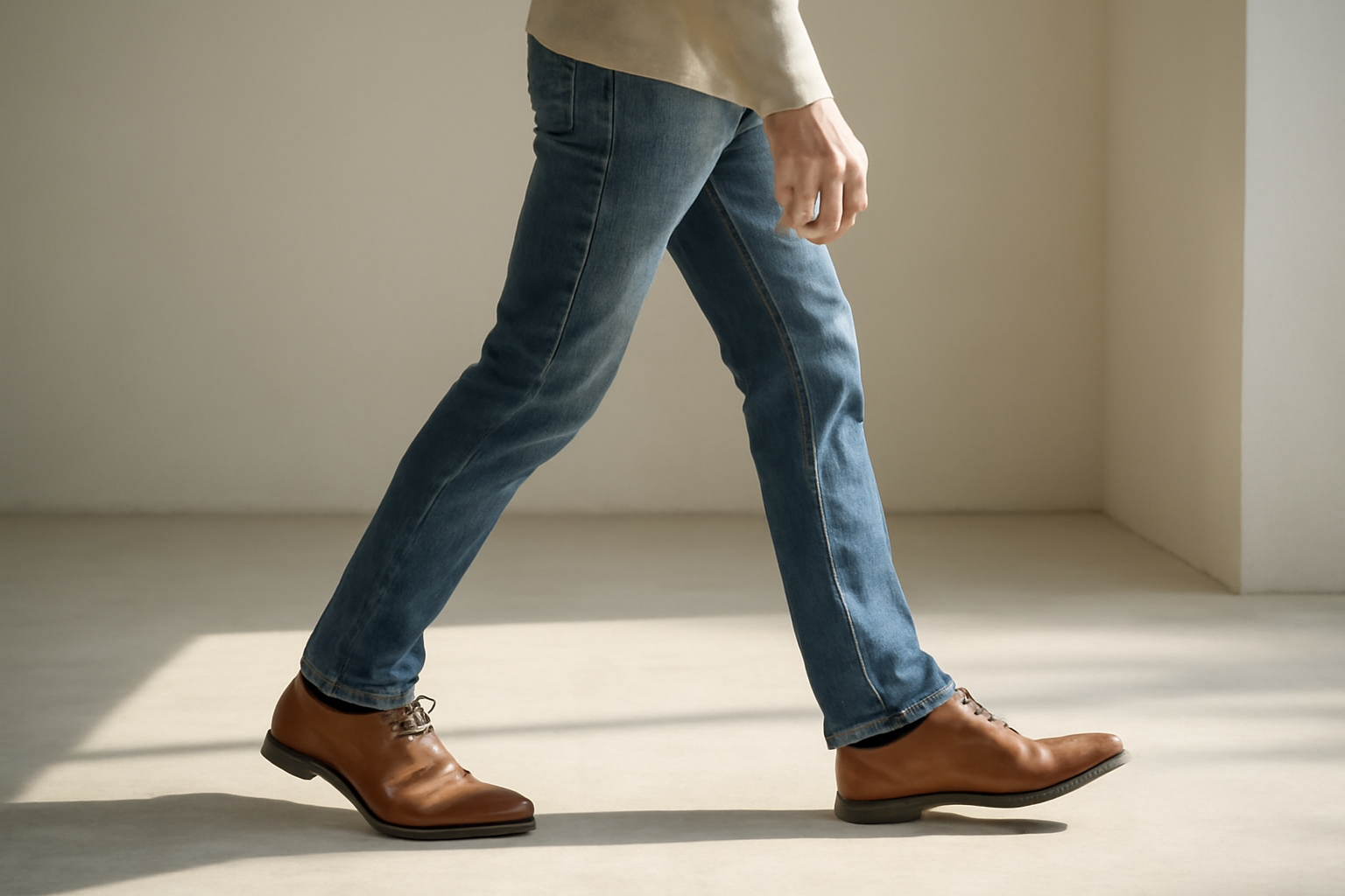 annie-chausseur-porter-chaussures-cuir-style-casual-homme homme marchant avec chaussures en cuir et jean