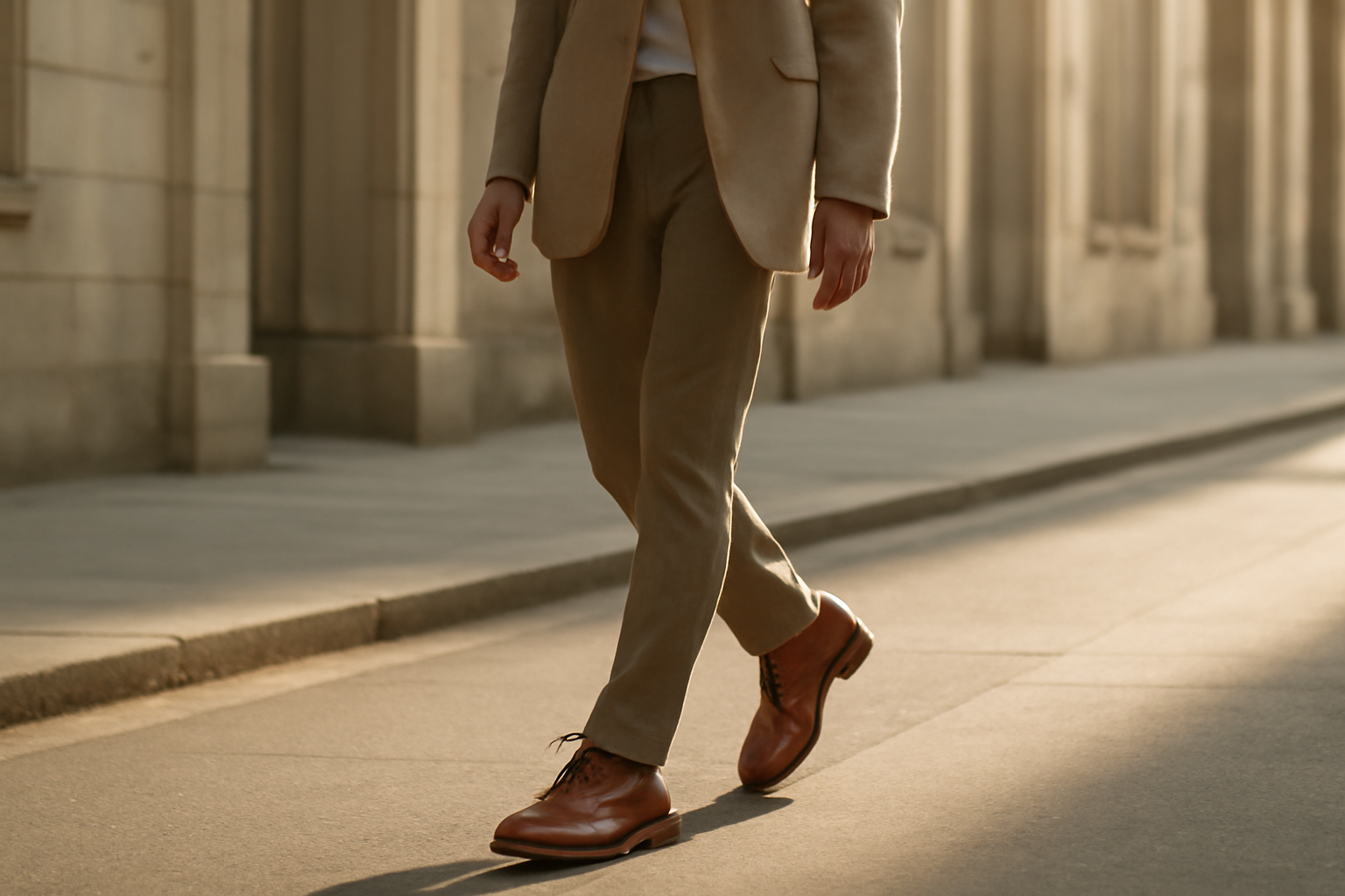 annie-chausseur-porter-chaussures-cuir-tenue-simple homme marchant en ville avec chaussures en cuir