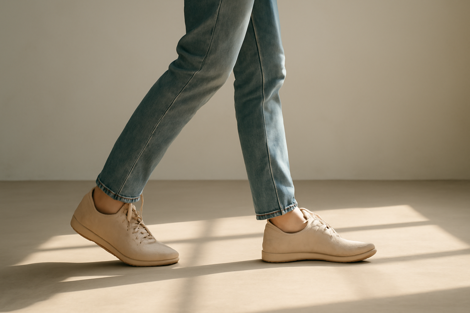 personne marchant avec chaussures minimalistes et jean