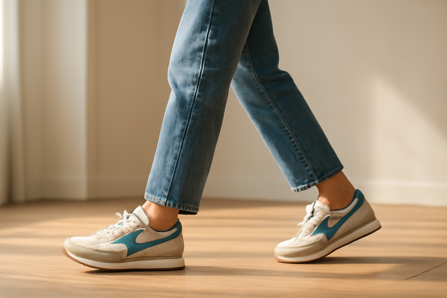 personne marchant avec sneakers rétro et jean