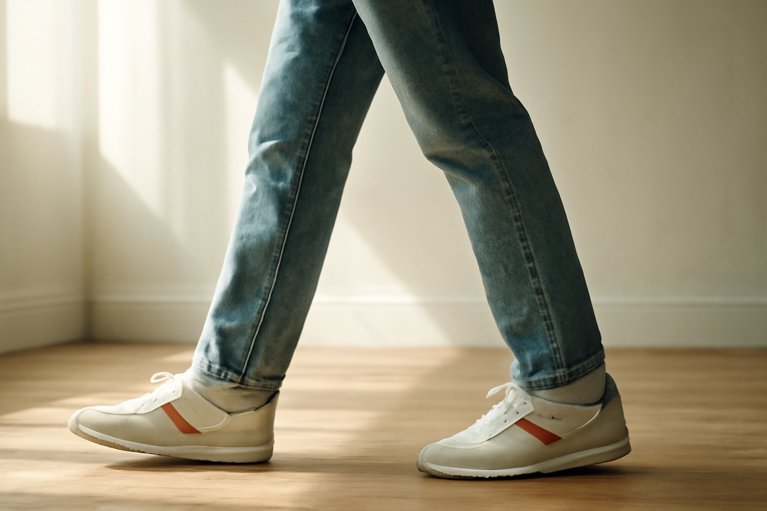 personne marchant avec sneakers rétro et jean