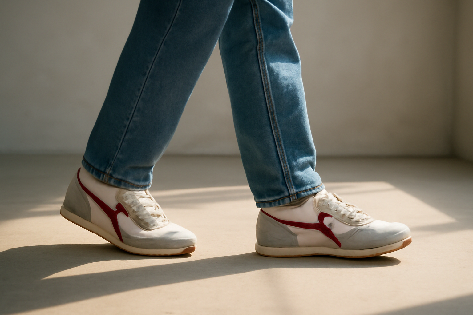personne marchant avec sneakers rétro et jean