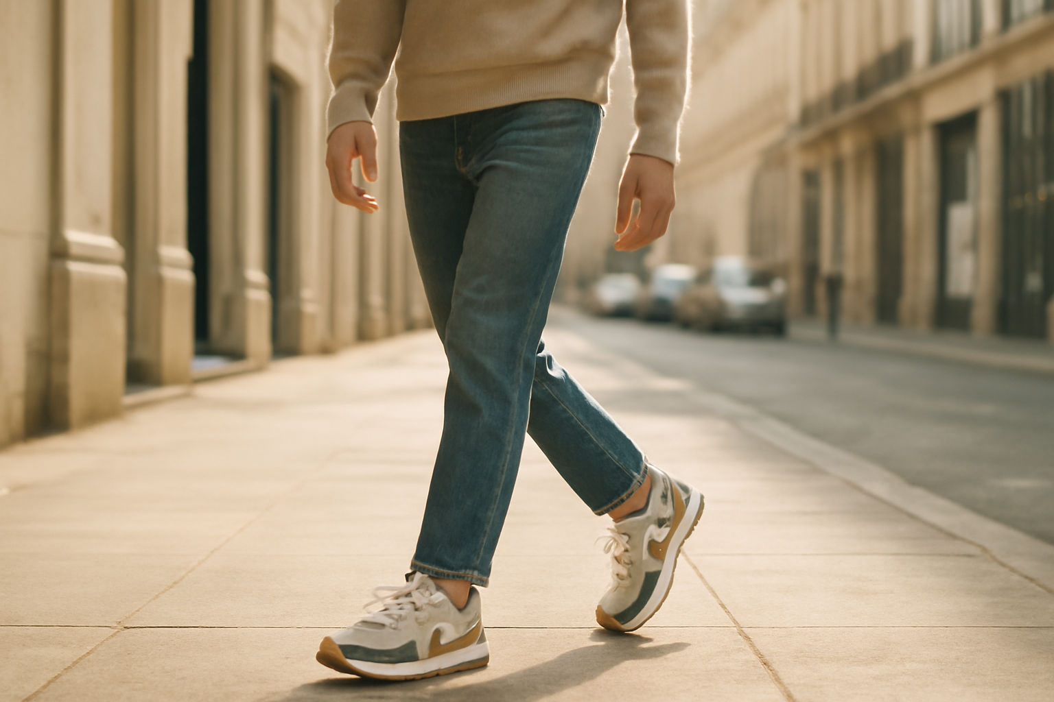 homme marchant avec sneakers rétro en ville