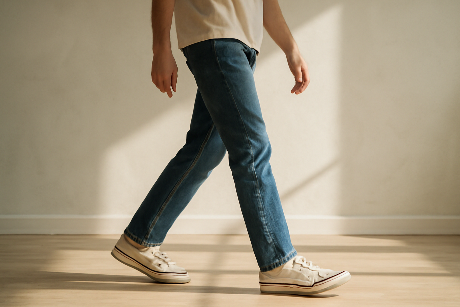 annie-chausseur-porter-chaussures-retro-style-casual-homme homme marchant avec sneakers rétro et jean