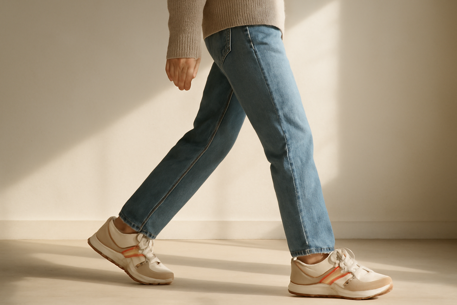 annie-chausseur-porter-chaussures-retro-style-casual personne marchant avec sneakers rétro et jean