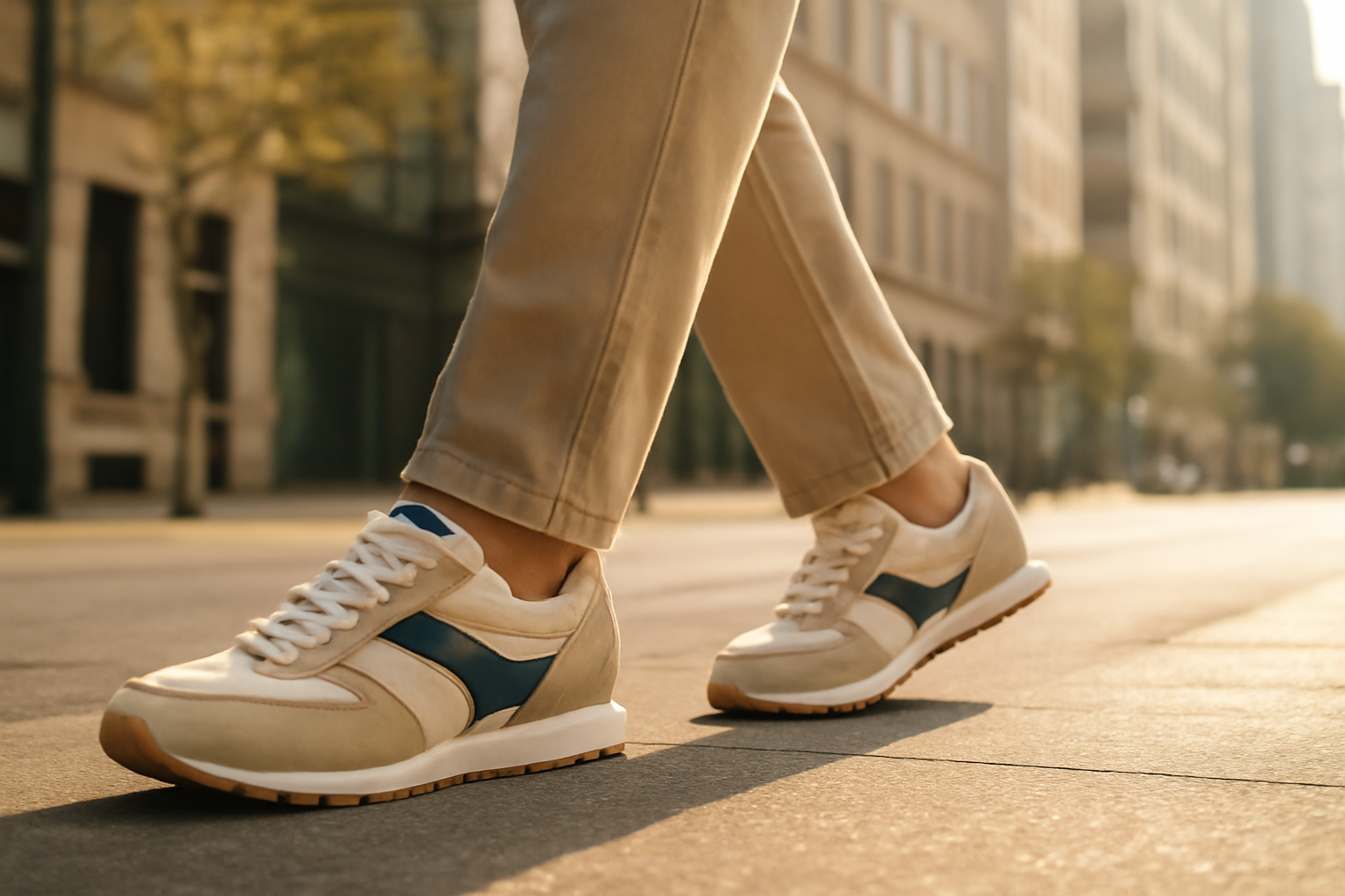 annie-chausseur-porter-chaussures-retro-tenue-simple personne marchant avec sneakers rétro en ville