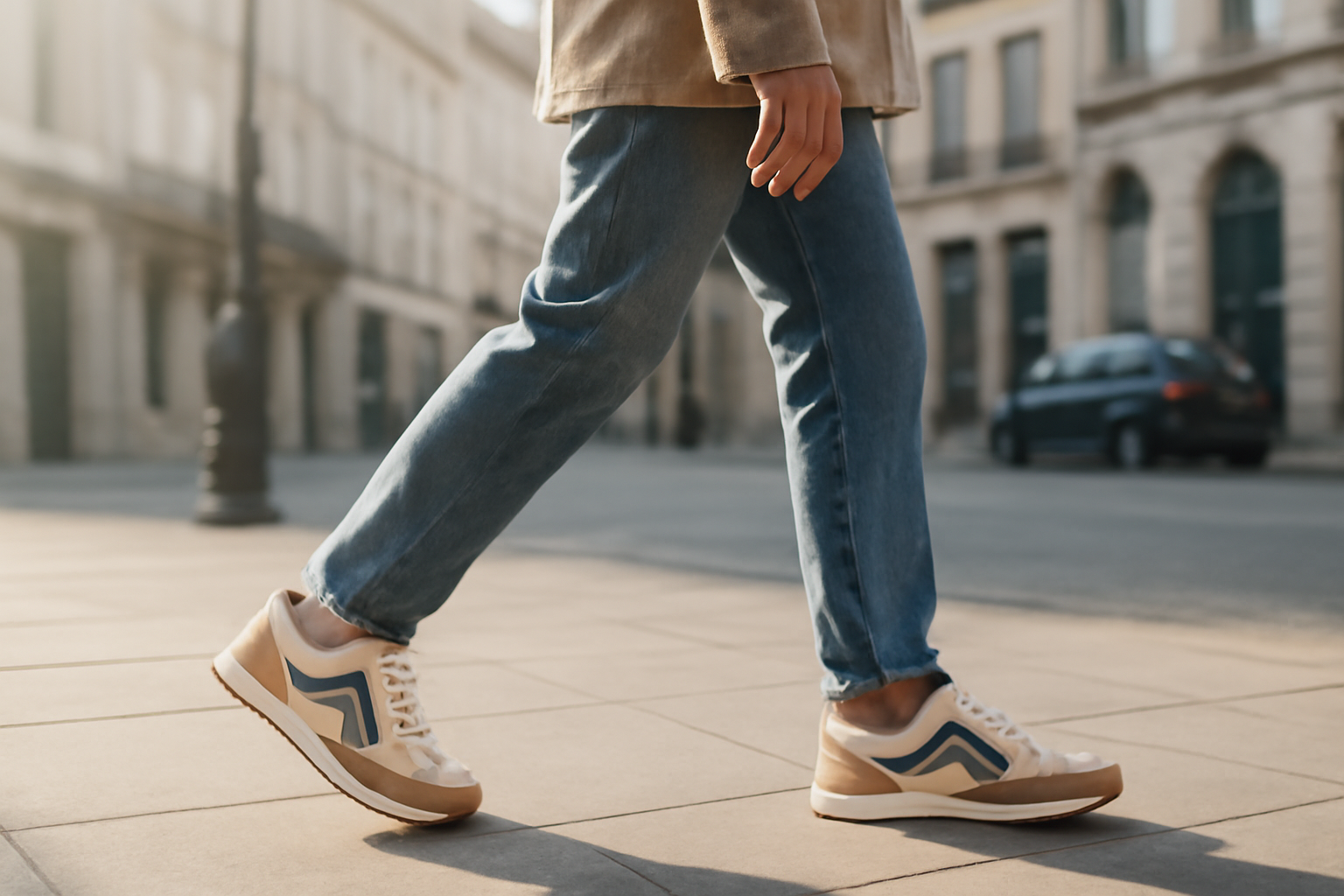 annie-chausseur-porter-chaussures-retro-ville personne marchant avec sneakers rétro en ville